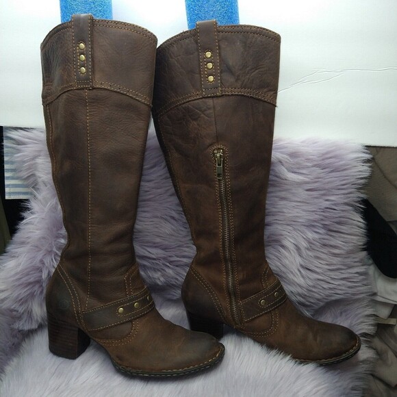 Born Leather Knee High Harness Boots Brass Studs Womens Size 6 Brown W62173 - Picture 2 of 12